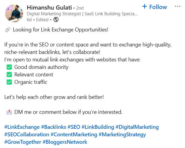 Himanshu Gulati LinkedIn post