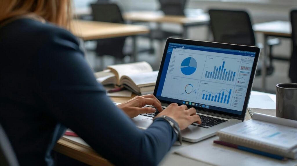 Une femme consulte des graphiques sur les données RH. Suite à la digitalisation de la gestion RH elle les analyse facilement.